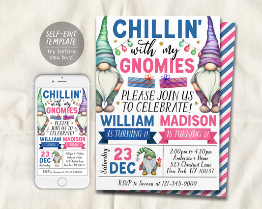 Gnome Joint Siblings Birthday Invitation Editable Template