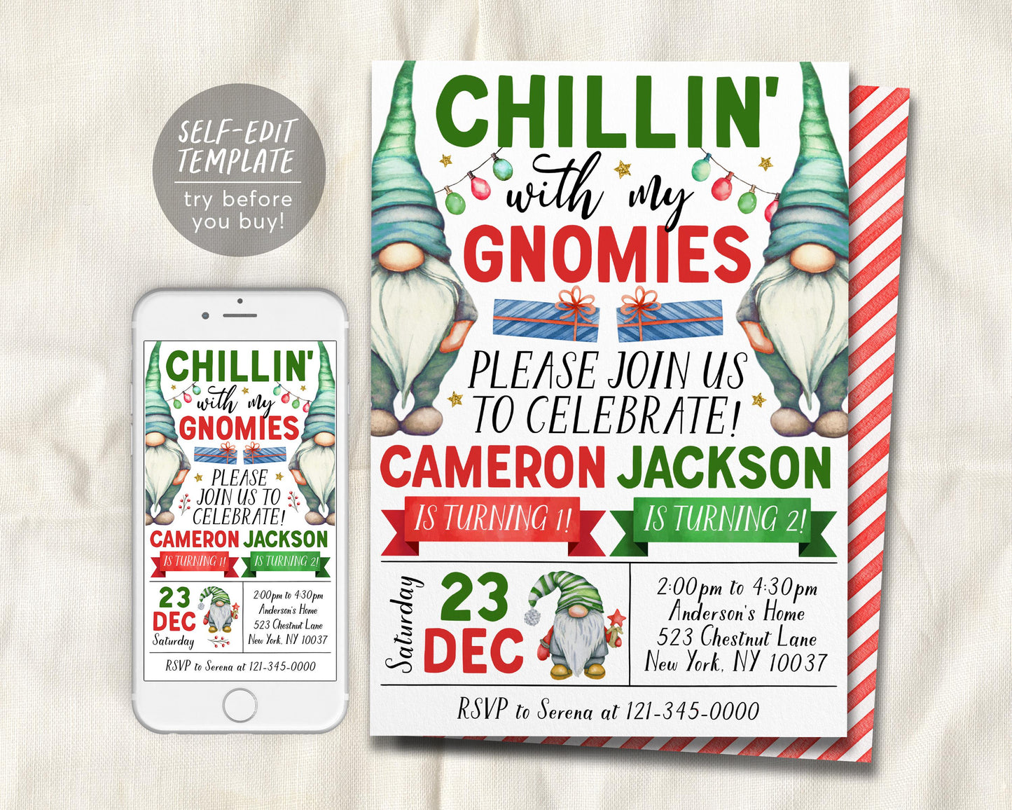 Gnome Joint Siblings Birthday Invitation Editable Template