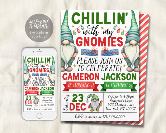 Gnome Joint Siblings Birthday Invitation Editable Template