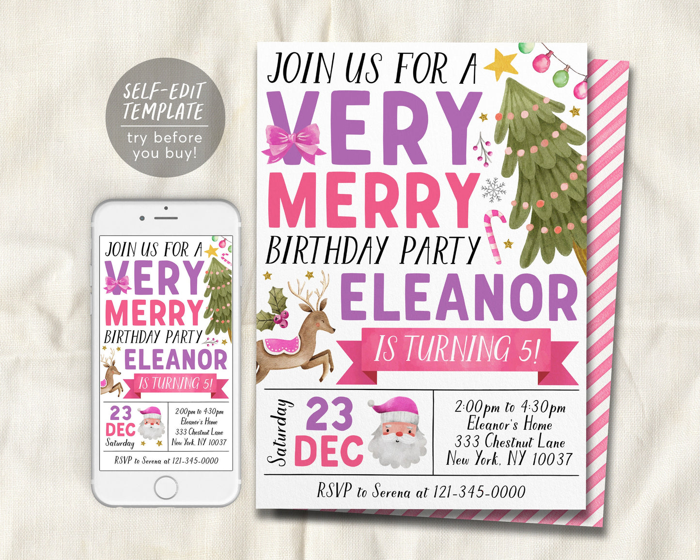 Christmas Very Merry Birthday Invitation Editable Template