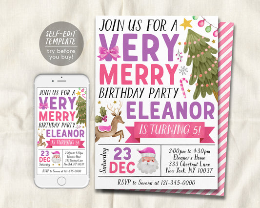 Christmas Very Merry Birthday Invitation Editable Template