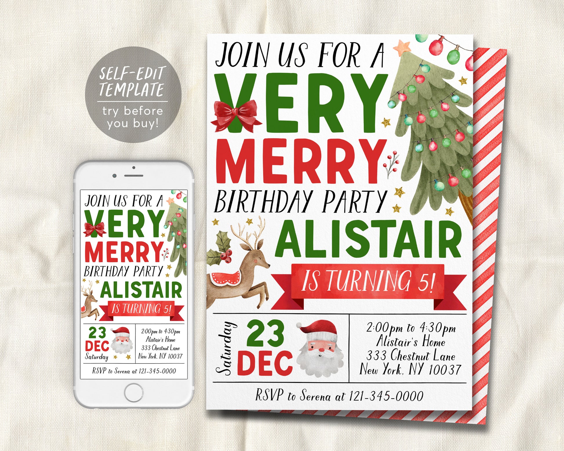 Christmas Very Merry Birthday Invitation Editable Template