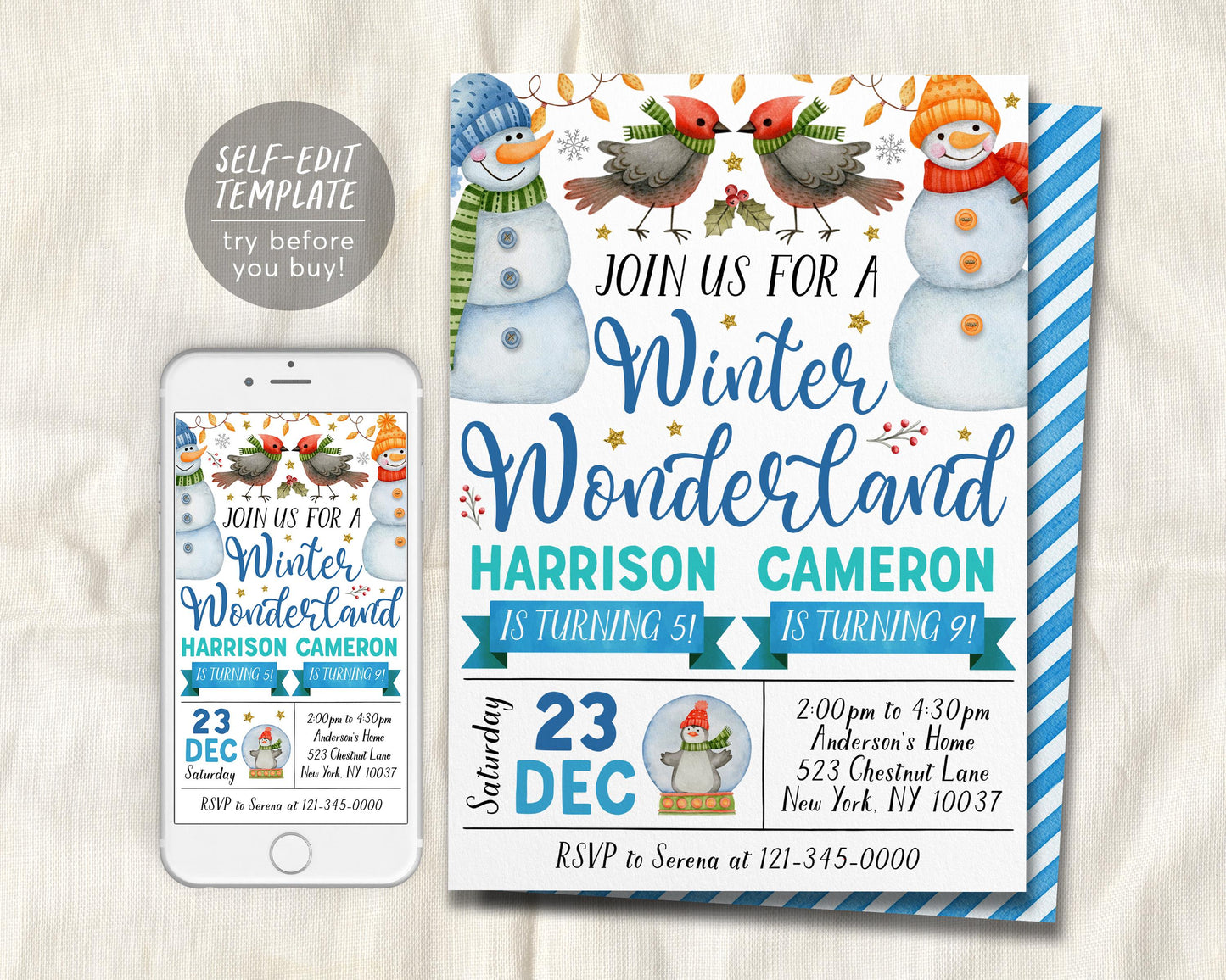 Winter Wonderland Joint Siblings Birthday Invitation Editable Template