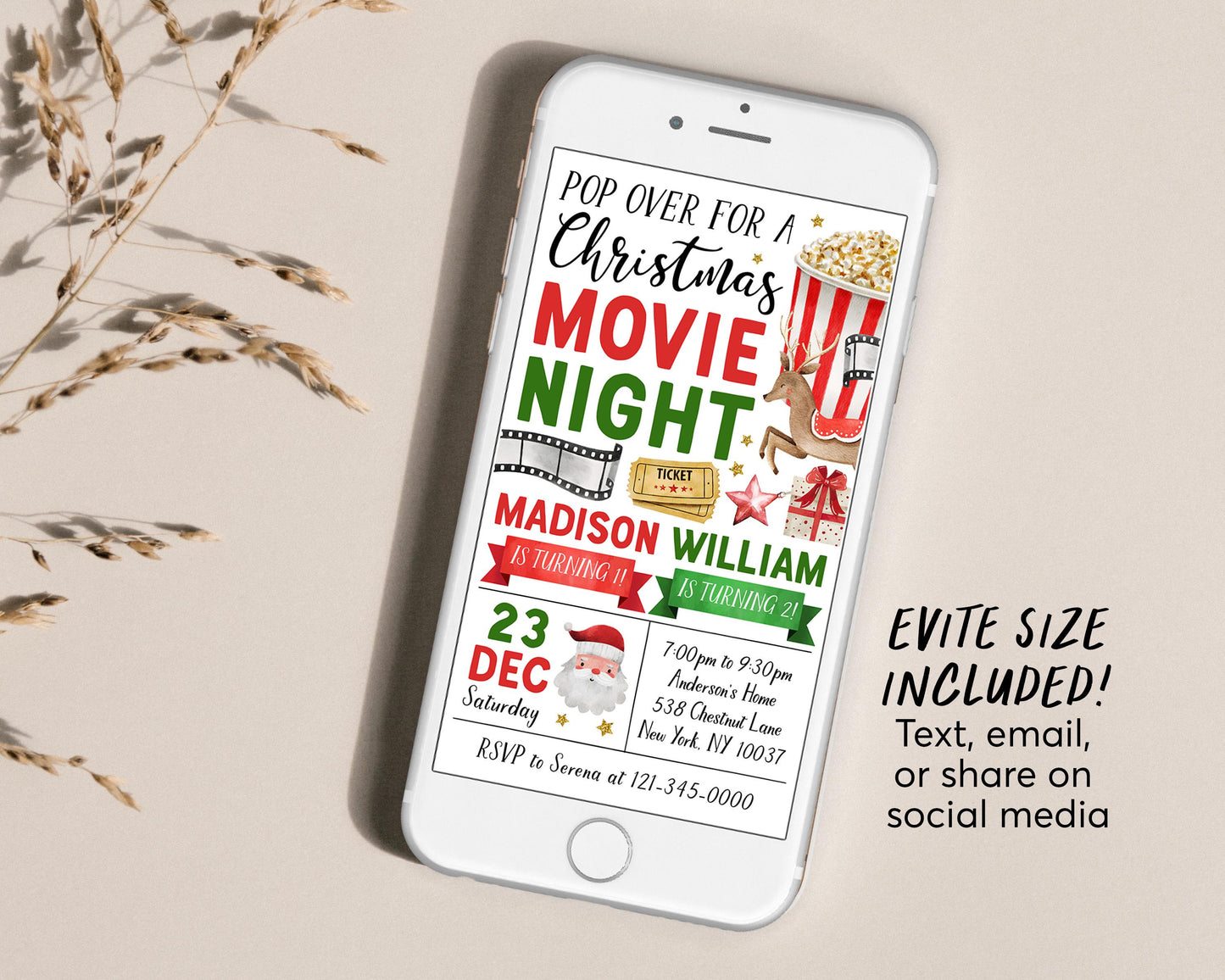 Christmas Movie Night Joint Siblings Birthday Invitation Editable Template, Kids Backyard Outdoor Movie Night Invite, Holiday Popcorn Evite