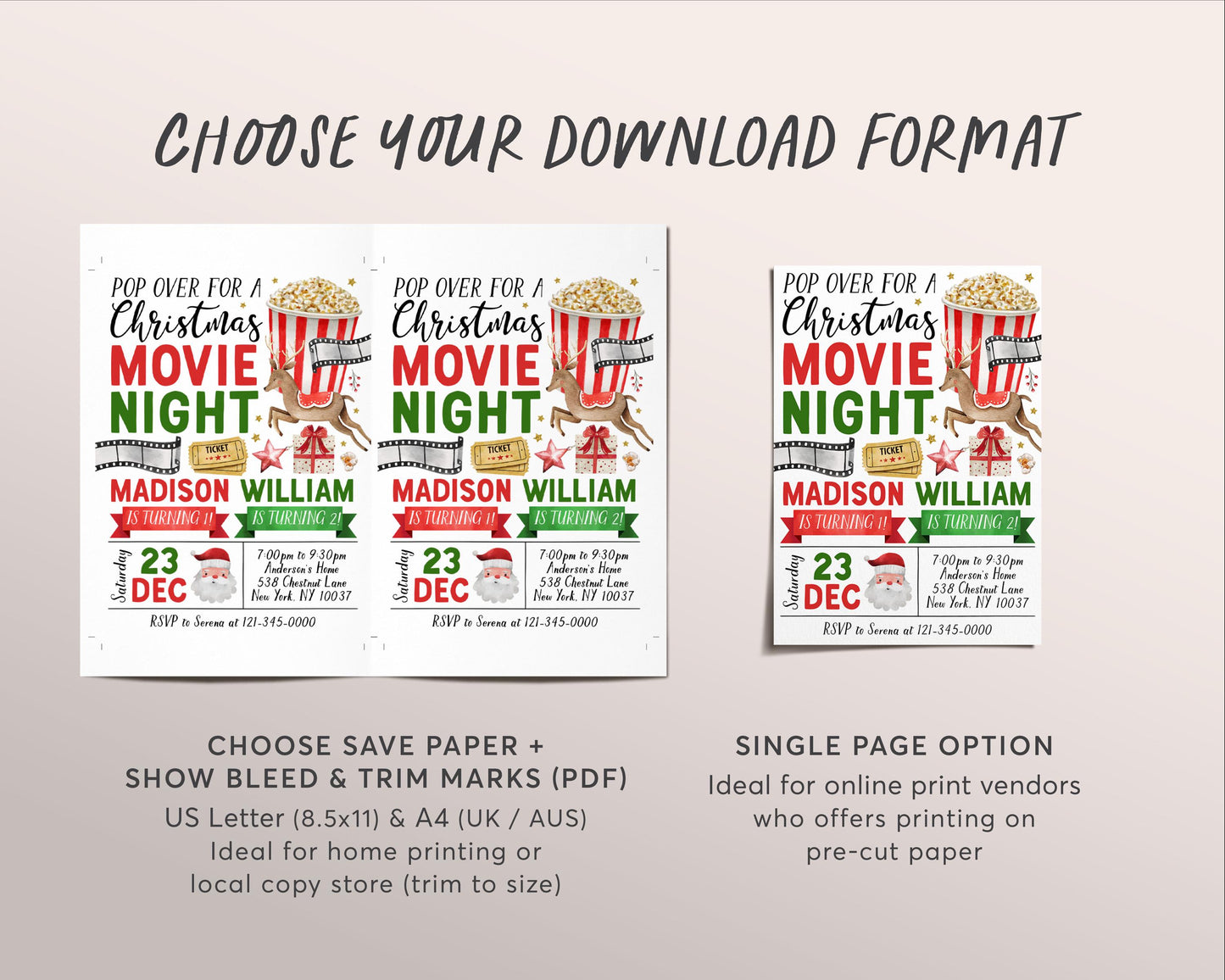 Christmas Movie Night Joint Siblings Birthday Invitation Editable Template, Kids Backyard Outdoor Movie Night Invite, Holiday Popcorn Evite