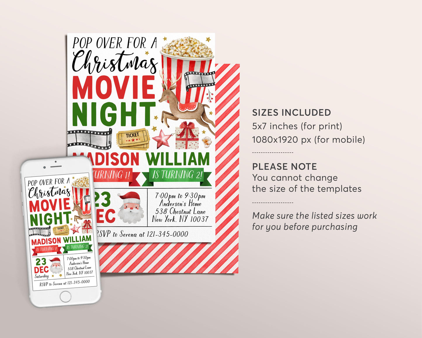 Christmas Movie Night Joint Siblings Birthday Invitation Editable Template, Kids Backyard Outdoor Movie Night Invite, Holiday Popcorn Evite