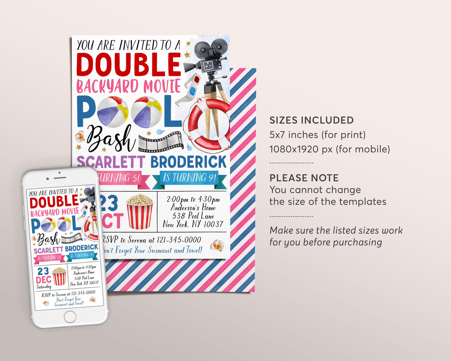 Backyard Movie and Pool Bash Joint Siblings Party Invitation Editable Template, Twins Girl Boy Summer Movie Night Birthday Party Invite