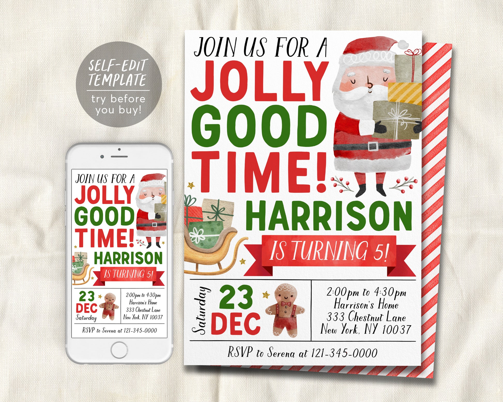 Christmas Jolly Good Time Birthday Invitation Editable Template