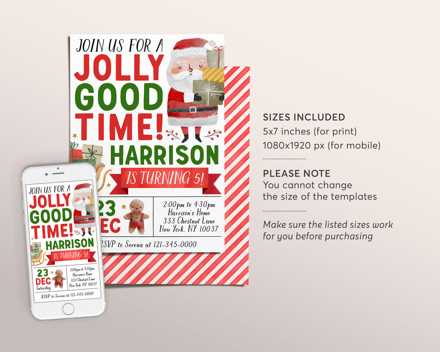 Christmas Jolly Good Time Birthday Invitation Editable Template, Santa Holiday Winter Party Invite, Kids Festive Gingerbread Man Evite