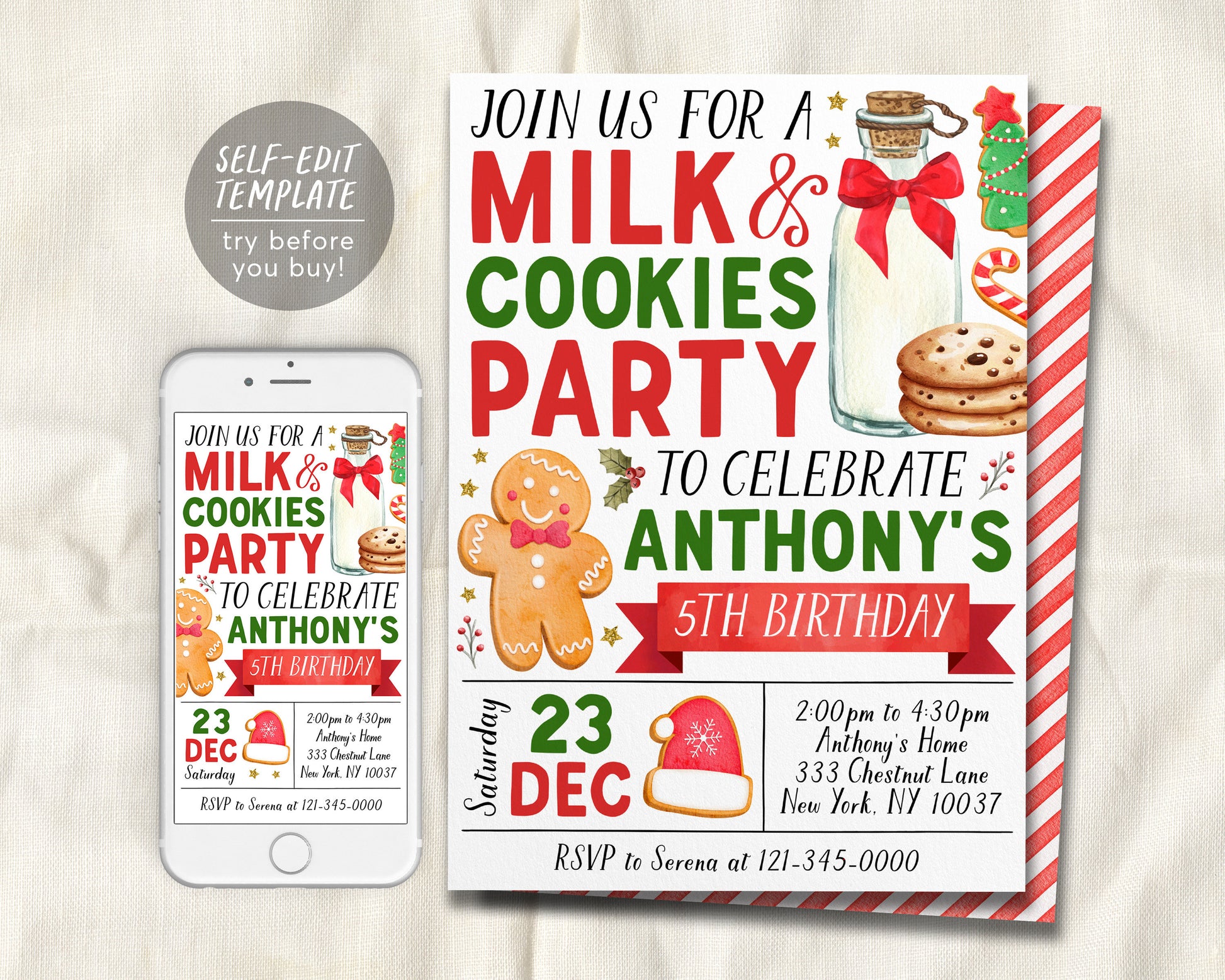 Christmas Milk and Cookies Birthday Invitation Editable Template