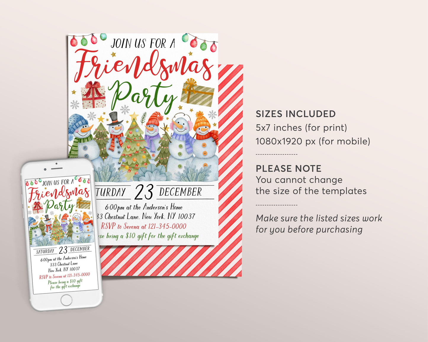 Friendsmas Party Invitation Editable Template, Snowman Christmas Party Invite, Holiday Gift Exchange Evite, Winter Wonderland Xmas Party