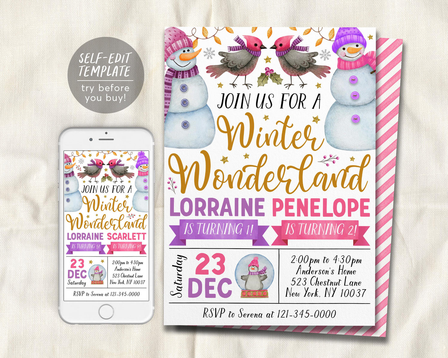 Winter Wonderland Joint Siblings Birthday Invitation Editable Template