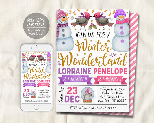 Winter Wonderland Joint Siblings Birthday Invitation Editable Template