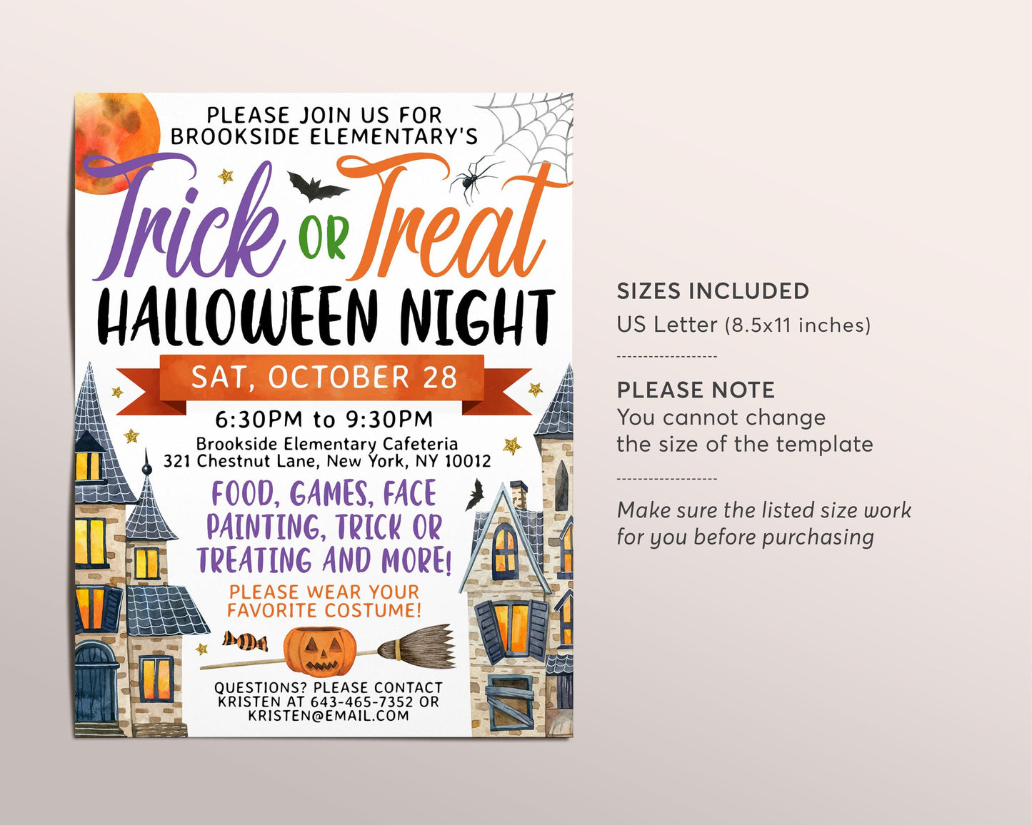 Halloween Night Trick Or Treat Party Flyer Editable Template, Costume Party Flyer Invitation, Fall Party Invite For School PTO PTA Church