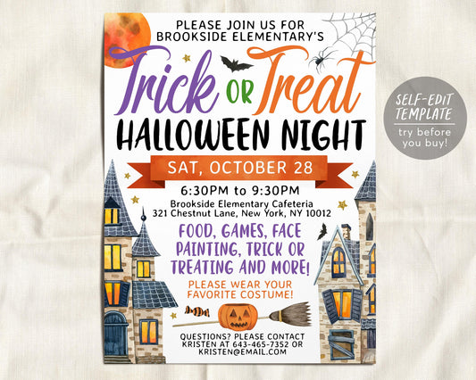 Halloween Night Trick Or Treat Party Flyer Editable Template