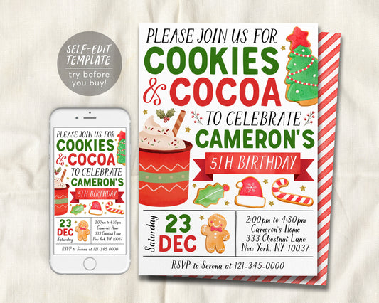 Cookies and Cocoa Birthday Invitation Editable Template