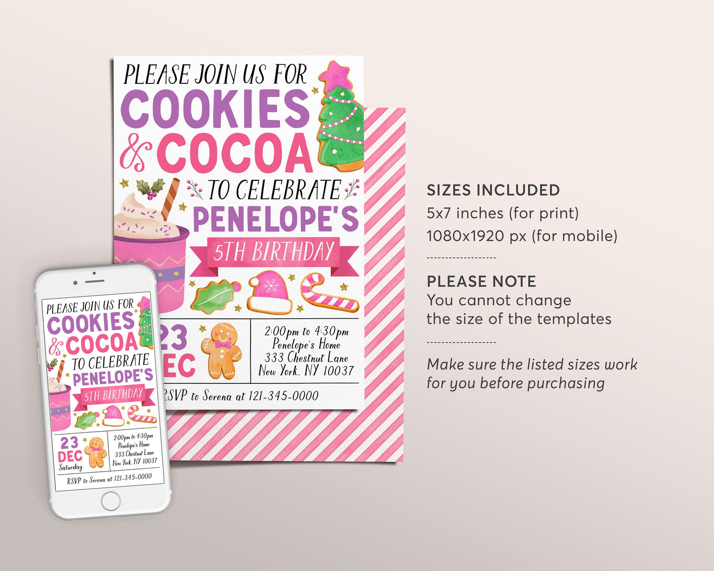 Cookies And Cocoa Birthday Invitation Editable Template, Kids Girl Christmas Holiday Cheer Cookies Hot Chocolate Winter Party Invite Evite