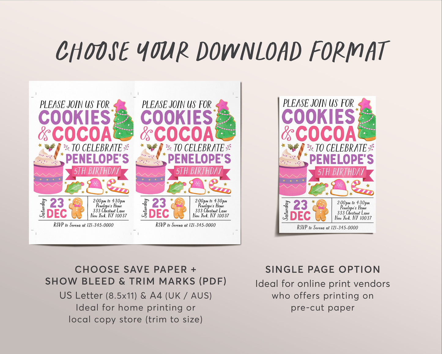 Cookies And Cocoa Birthday Invitation Editable Template, Kids Girl Christmas Holiday Cheer Cookies Hot Chocolate Winter Party Invite Evite