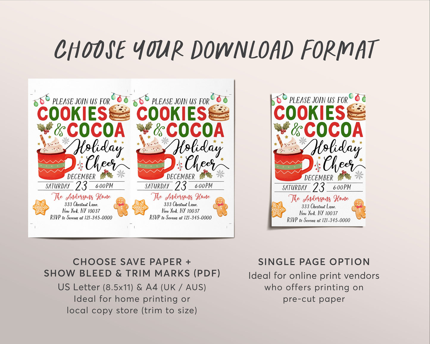 Cookies and Cocoa Invitation Editable Template, Christmas Holiday Cheer Cookies And Hot Chocolate Festive Winter Party Invite Evite