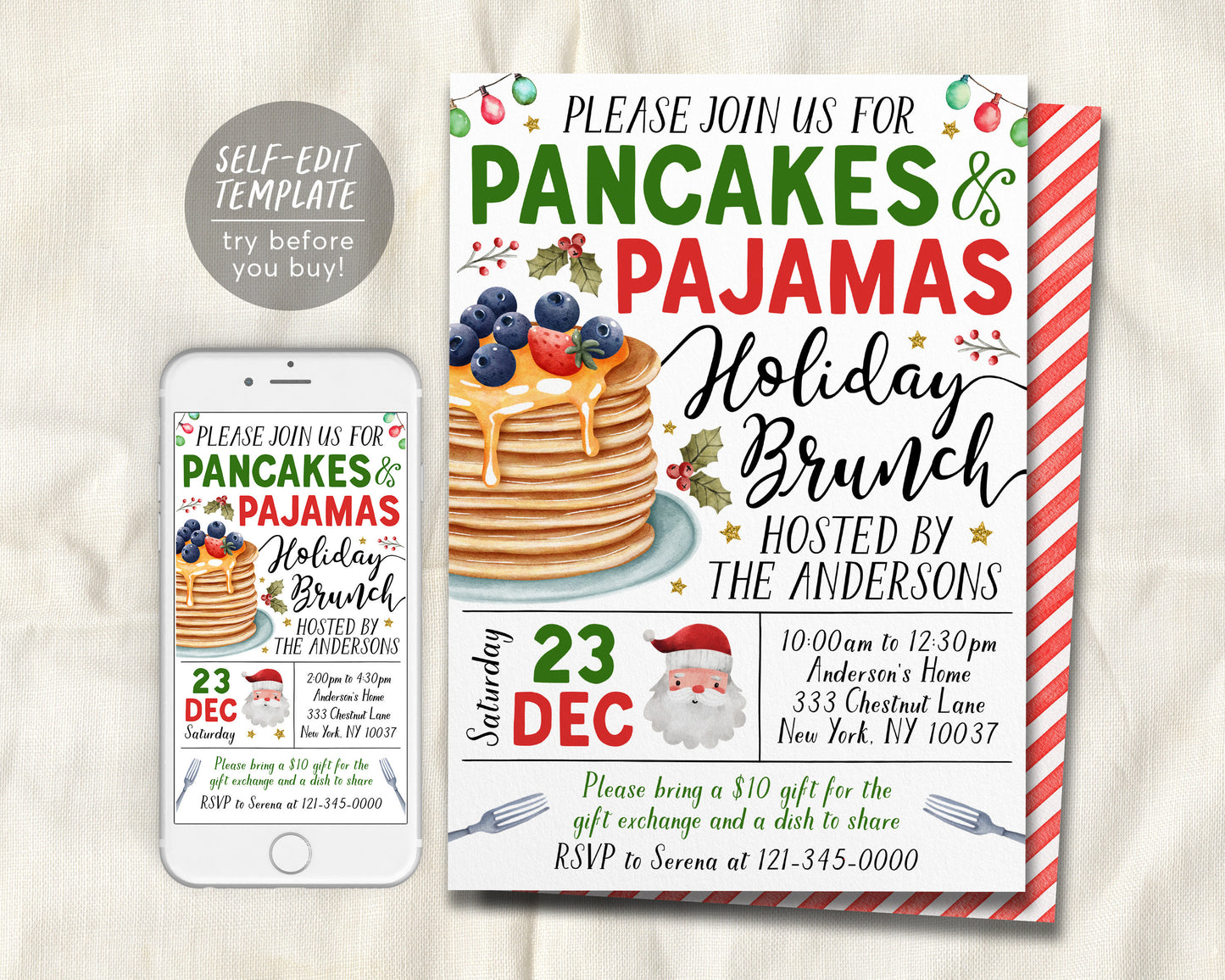 Christmas Pancakes and Pajamas Invitation Editable Template