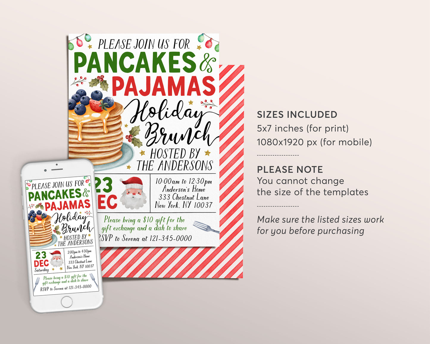 Christmas Pancakes and Pajamas Invitation Editable Template, Xmas Holiday Brunch Flapjacks And PJs Party Invite, Pancakes With Santa Evite