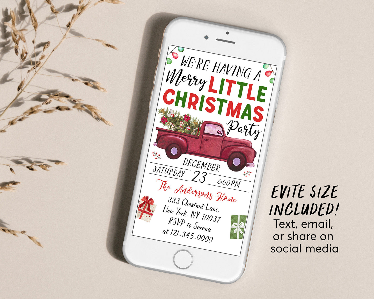 Merry Little Christmas Party Invitation Editable Template, Holiday Christmas Tree Truck Party Invite, Watercolor Celebration Festive Evite