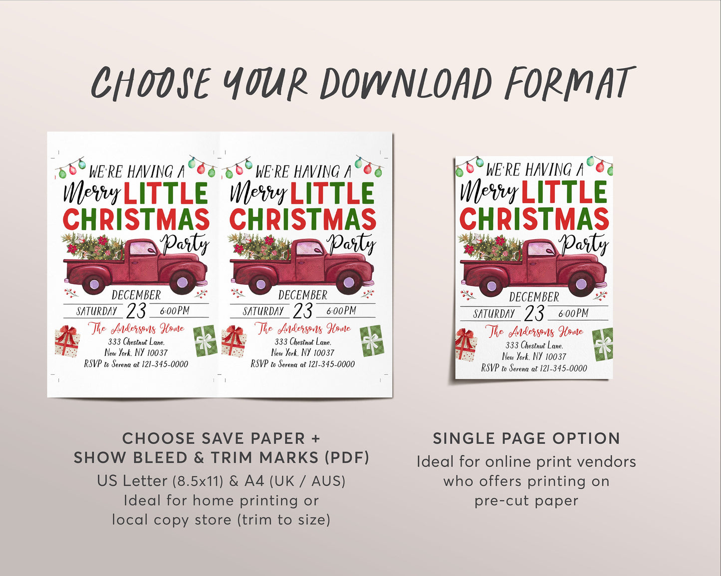 Merry Little Christmas Party Invitation Editable Template, Holiday Christmas Tree Truck Party Invite, Watercolor Celebration Festive Evite