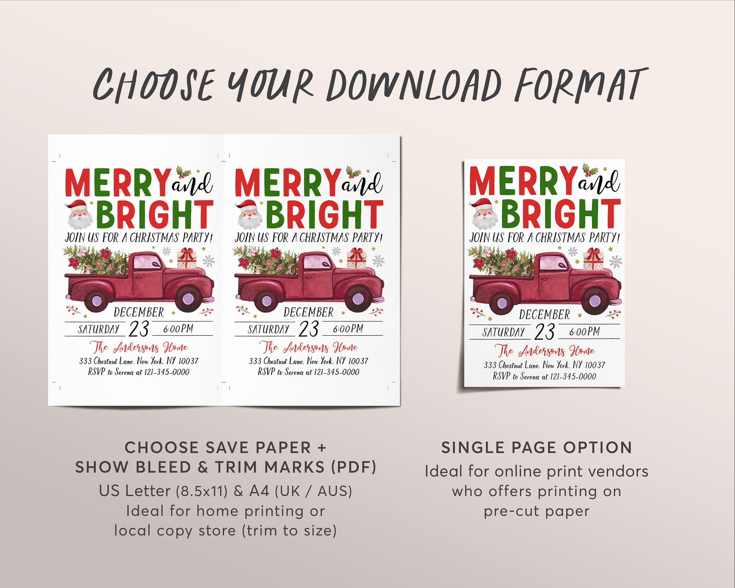 Christmas Merry And Bright Party Invitation Editable Template, Holiday Christmas Tree Truck Party Invite, Watercolor Celebration Festive