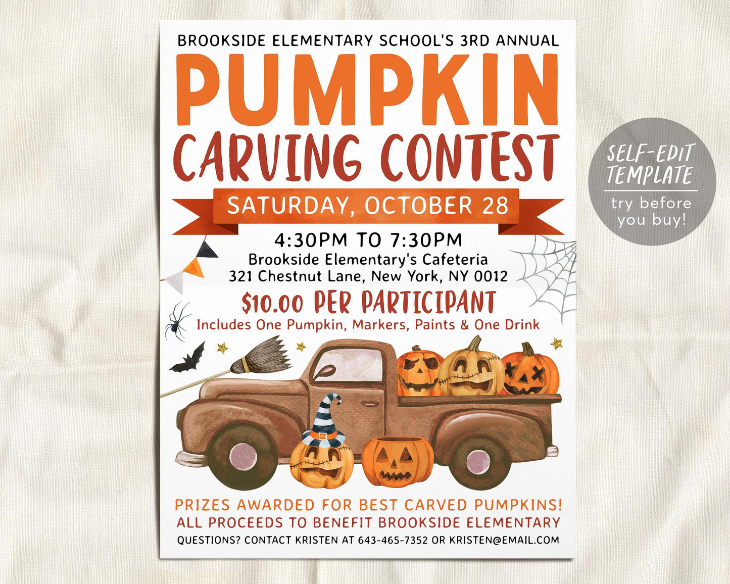 Pumpkin Carving Contest Flyer Editable Template