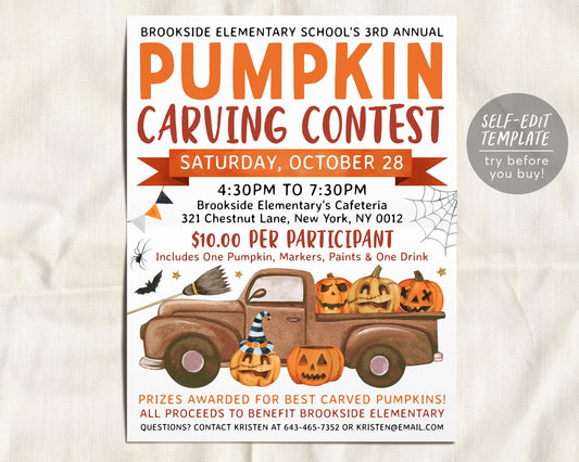 Pumpkin Carving Contest Flyer Editable Template