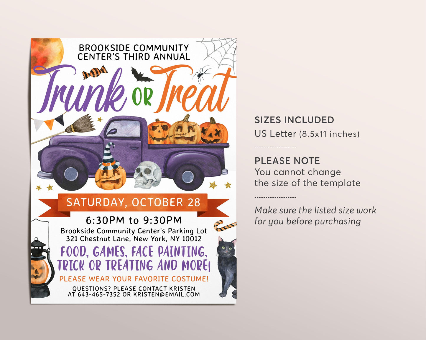 Trunk or Treat Flyer Editable Template, Halloween Night Party Flyer Invitation, Trick Or Treat Truck Fall Party Invite Neighborhood Event