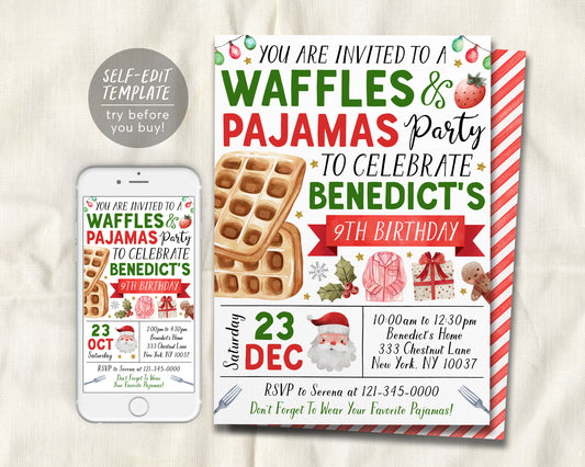 Christmas Waffles and Pajamas Birthday Invitation Editable Template