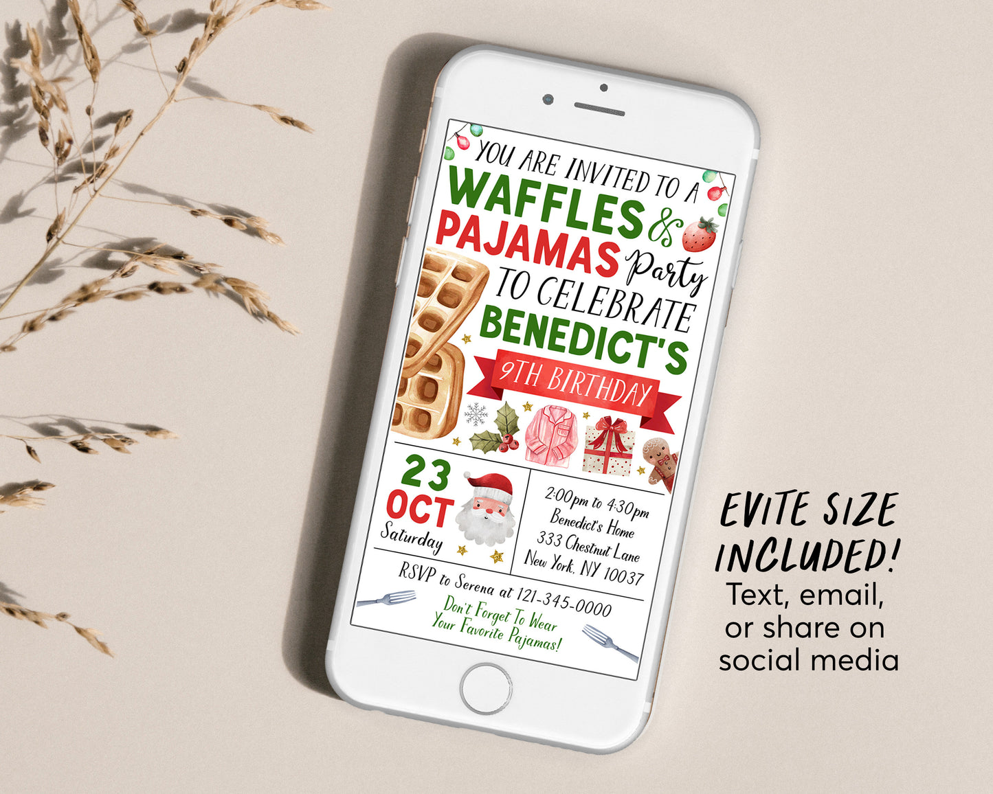 Christmas Waffles and Pajamas Birthday Invitation Editable Template, Brunch Waffles With Santa Party Invite, Kids Breakfast Holiday Evite