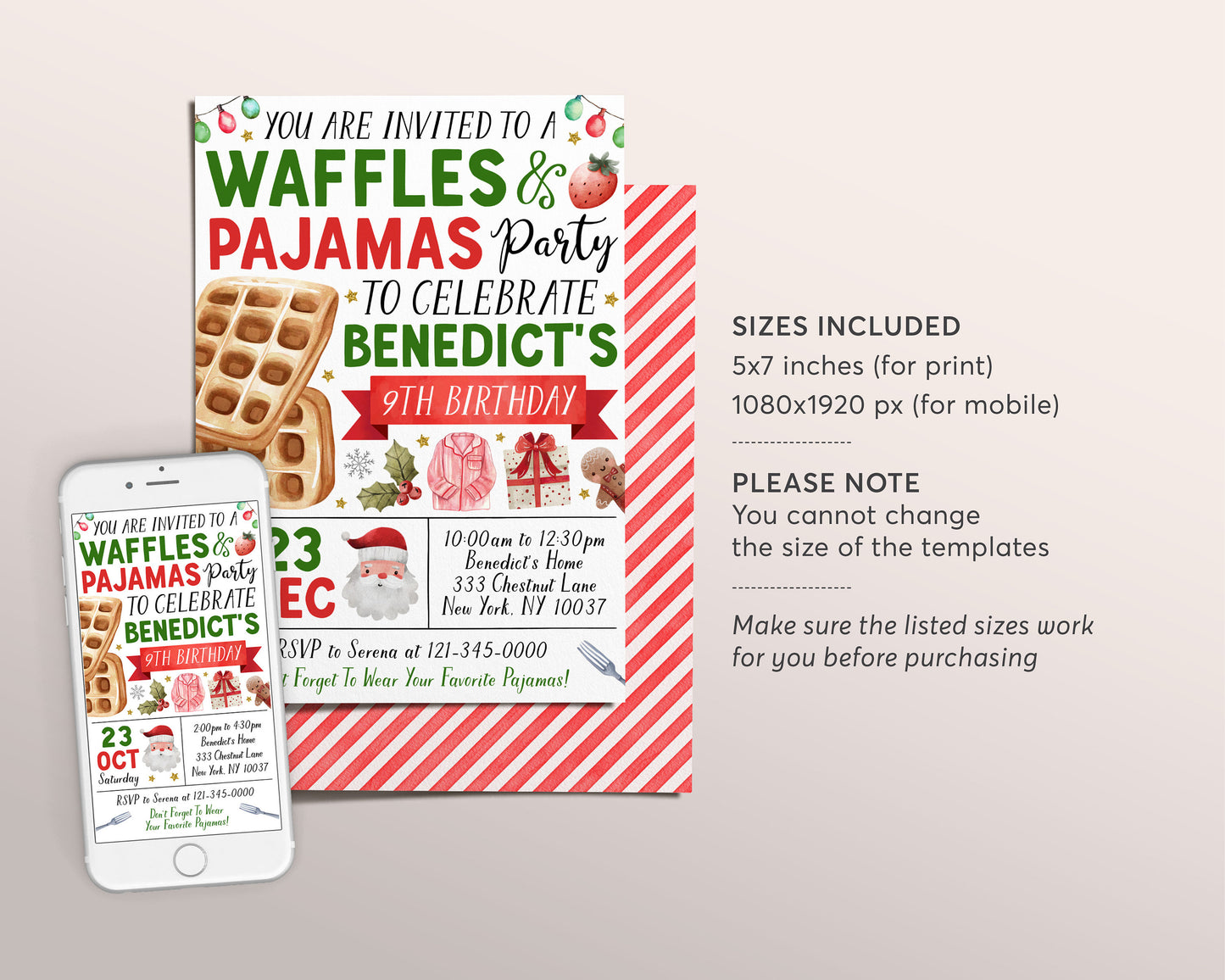 Christmas Waffles and Pajamas Birthday Invitation Editable Template, Brunch Waffles With Santa Party Invite, Kids Breakfast Holiday Evite