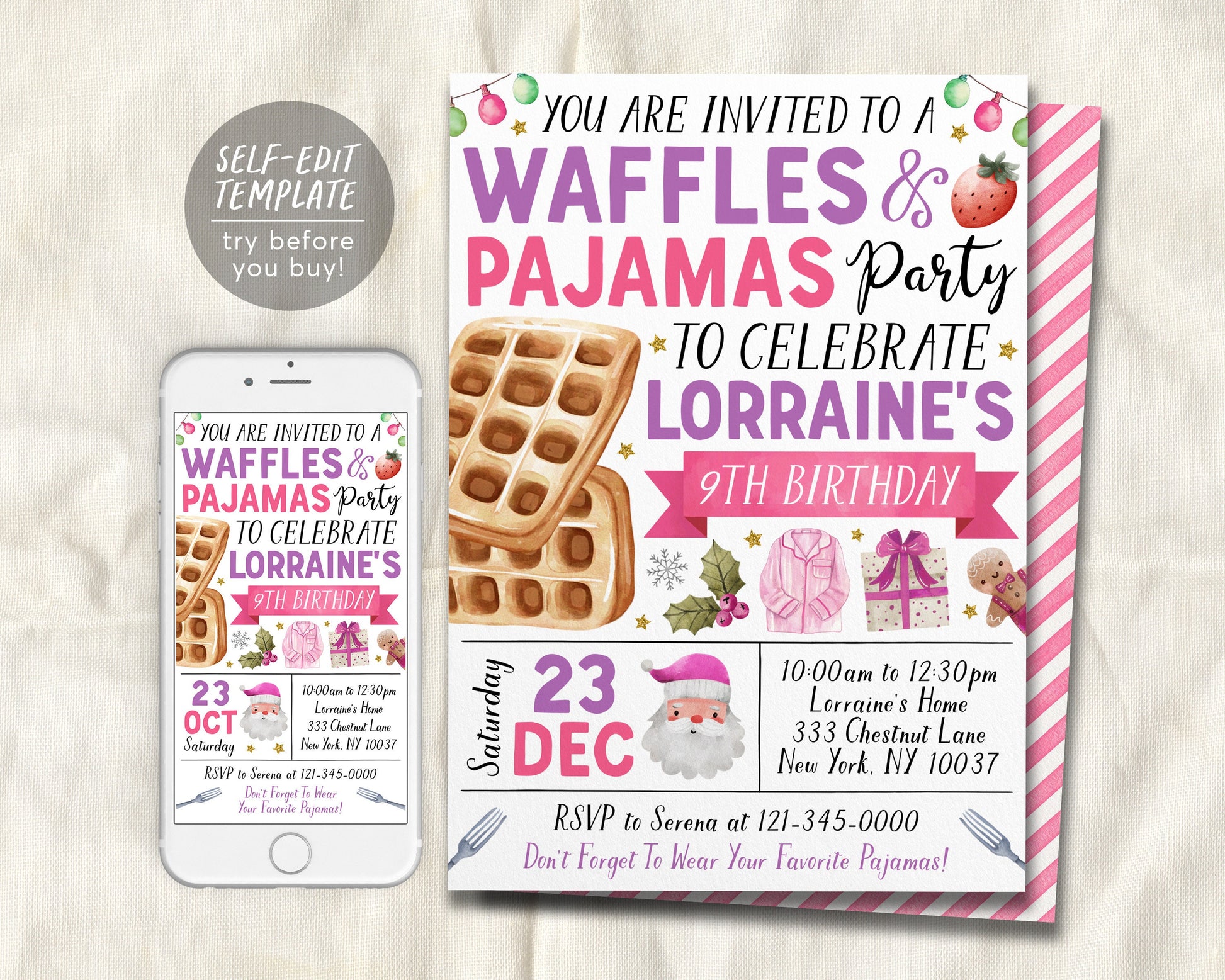 Christmas Waffles and Pajamas Birthday Invitation Editable Template