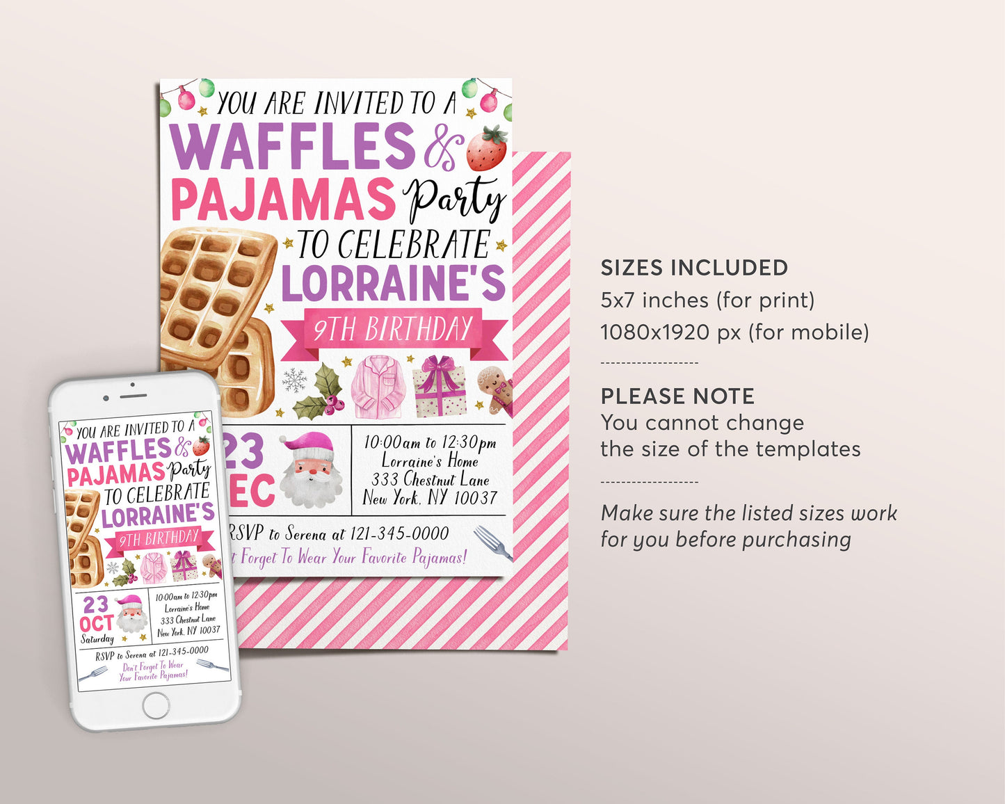 Christmas Waffles and Pajamas Birthday Invitation Editable Template, Girl Brunch Waffles With Santa Party Invite, Breakfast Holiday Evite