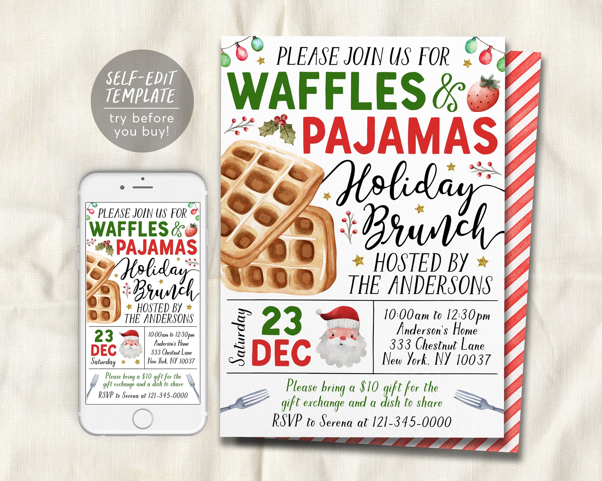 Christmas Waffles and Pajamas Invitation Editable Template