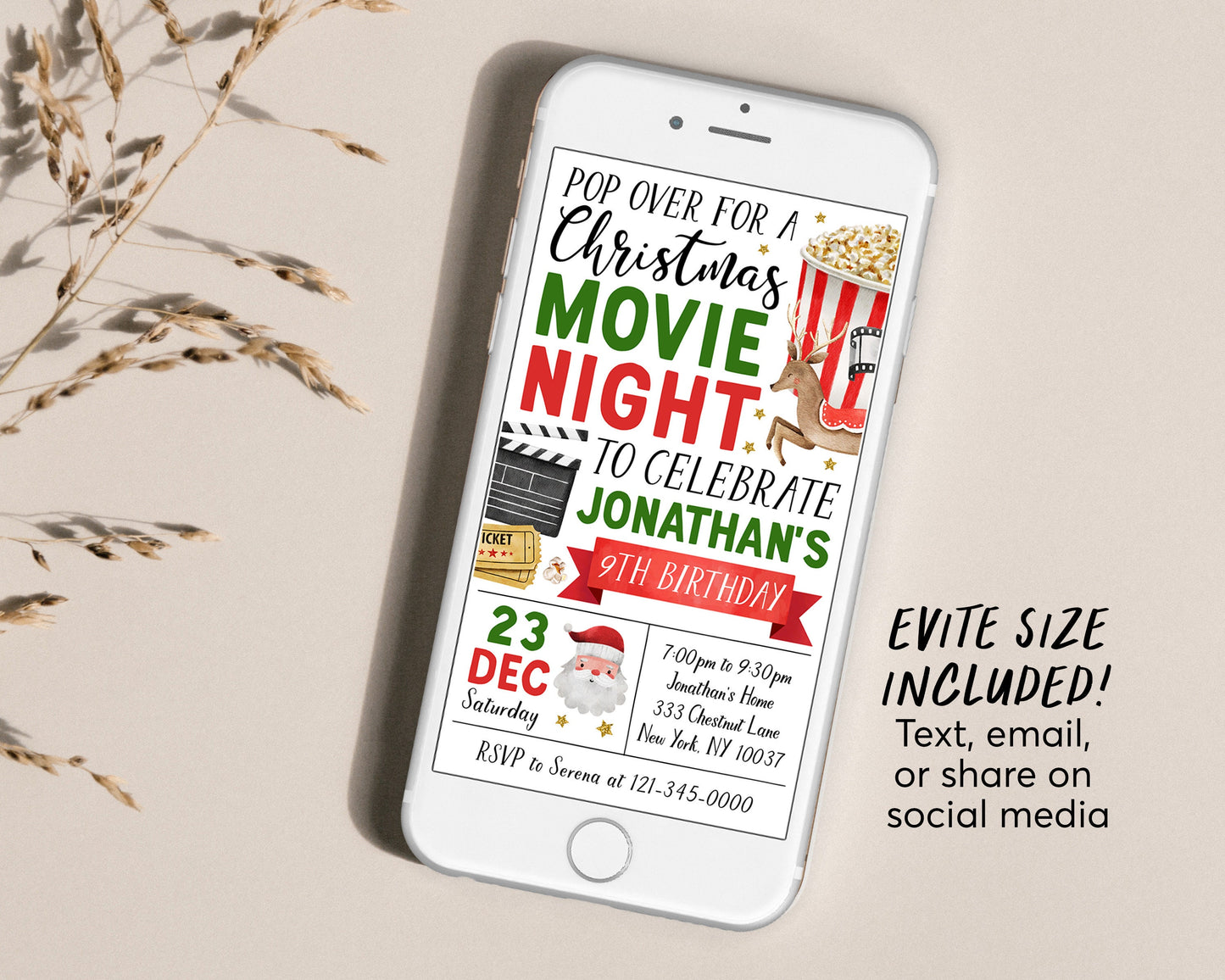 Christmas Movie Night Birthday Invitation Editable Template, Kids Backyard Outdoor Movie Night Invite, Xmas Holiday Movie Popcorn Evite