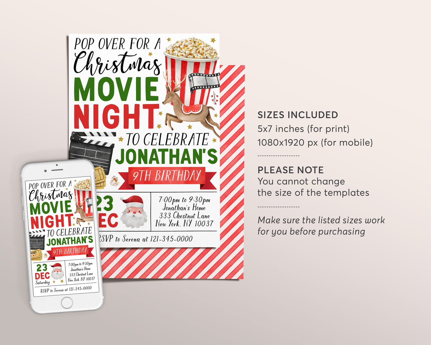 Christmas Movie Night Birthday Invitation Editable Template, Kids Backyard Outdoor Movie Night Invite, Xmas Holiday Movie Popcorn Evite