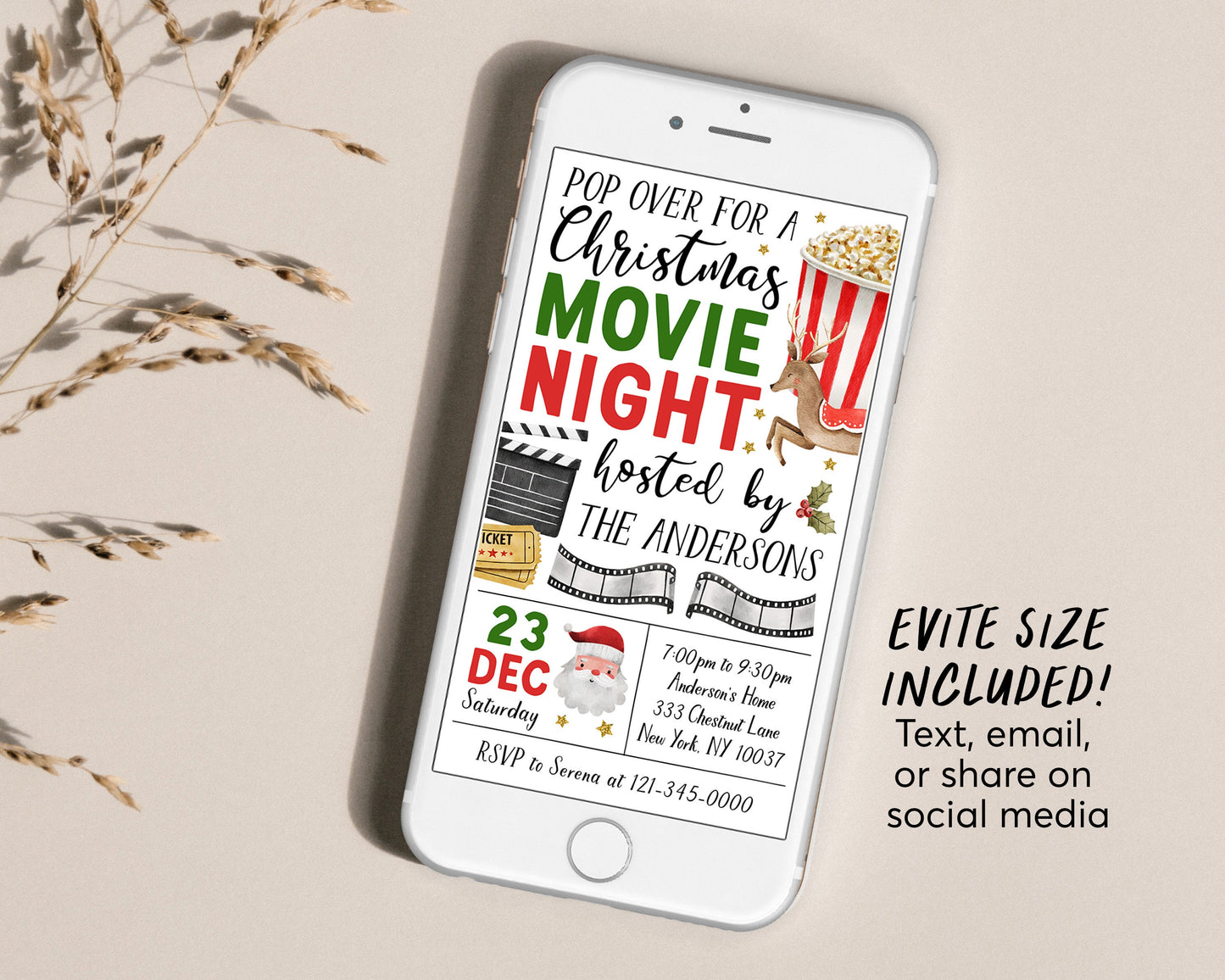 Christmas Movie Night Invitation Editable Template, Kids Backyard Outdoor Movie Night Invite, Holiday Movie Night Winter Popcorn Party Evite