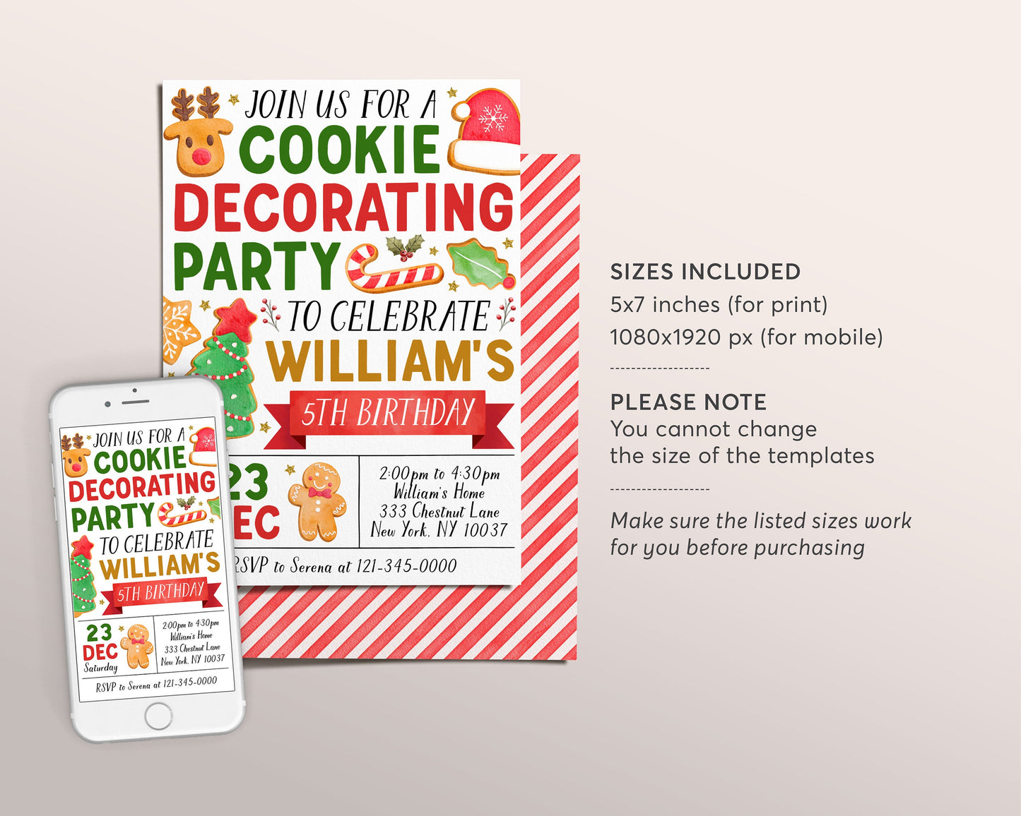 Christmas Cookie Decorating Birthday Invitation Editable Template, Holiday Kids Baking Party Invite, Festive Santa Gingerbread Man Evite