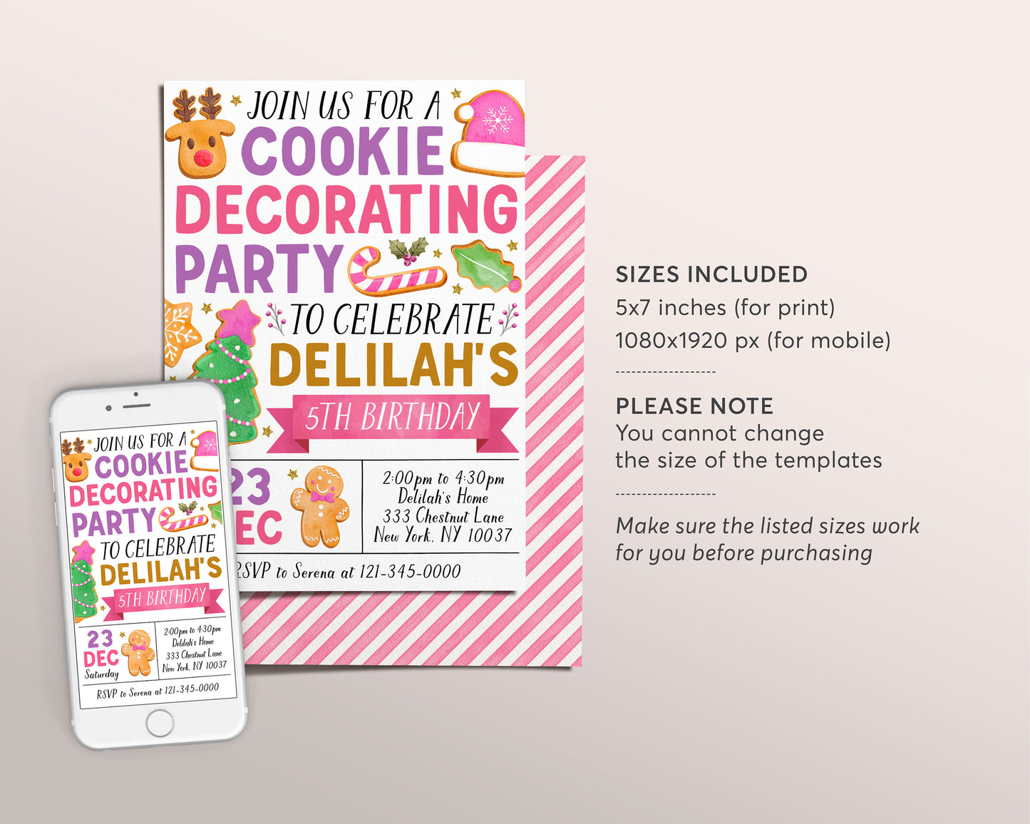 Christmas Cookie Decorating Birthday Invitation Editable Template, Holiday Girl Baking Party Invite, Festive Santa Gingerbread Man Evite