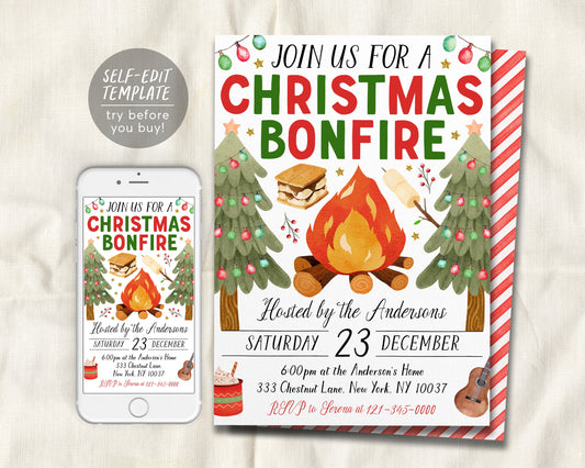 Christmas Bonfire Invitation Editable Template