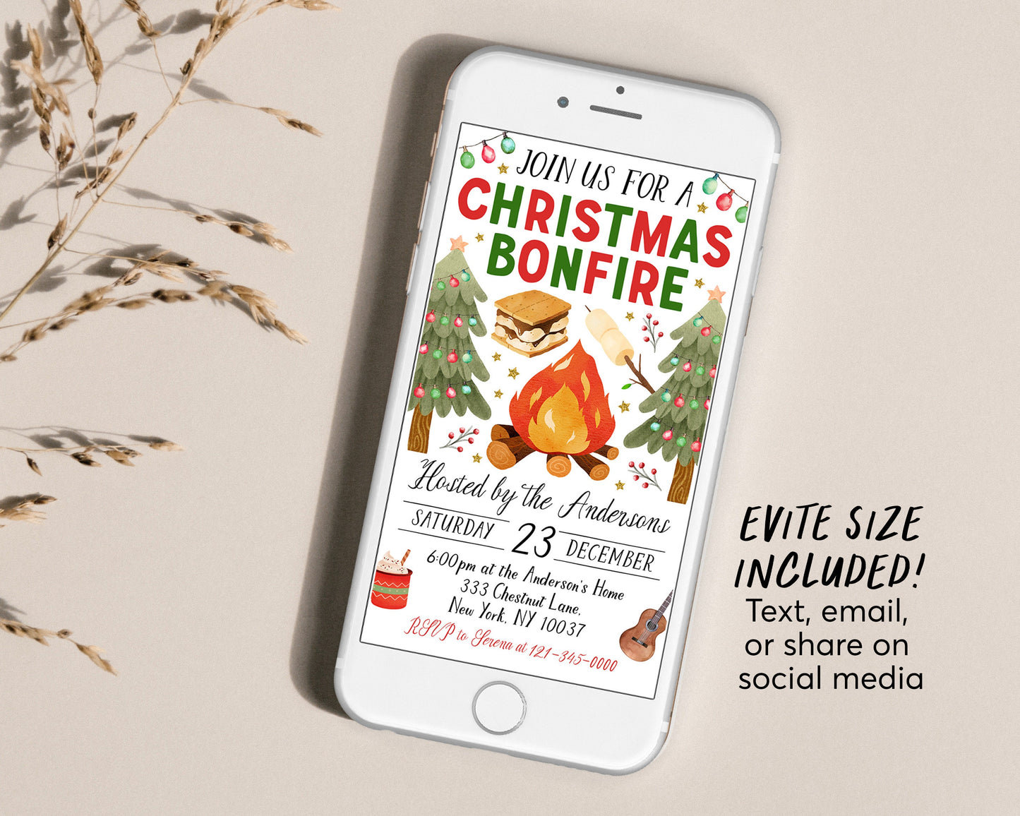 Christmas Bonfire Invitation Editable Template, Backyard Winter Holiday Party Invite, Holiday Campfire S'mores Hot Cocoa Camping Evite