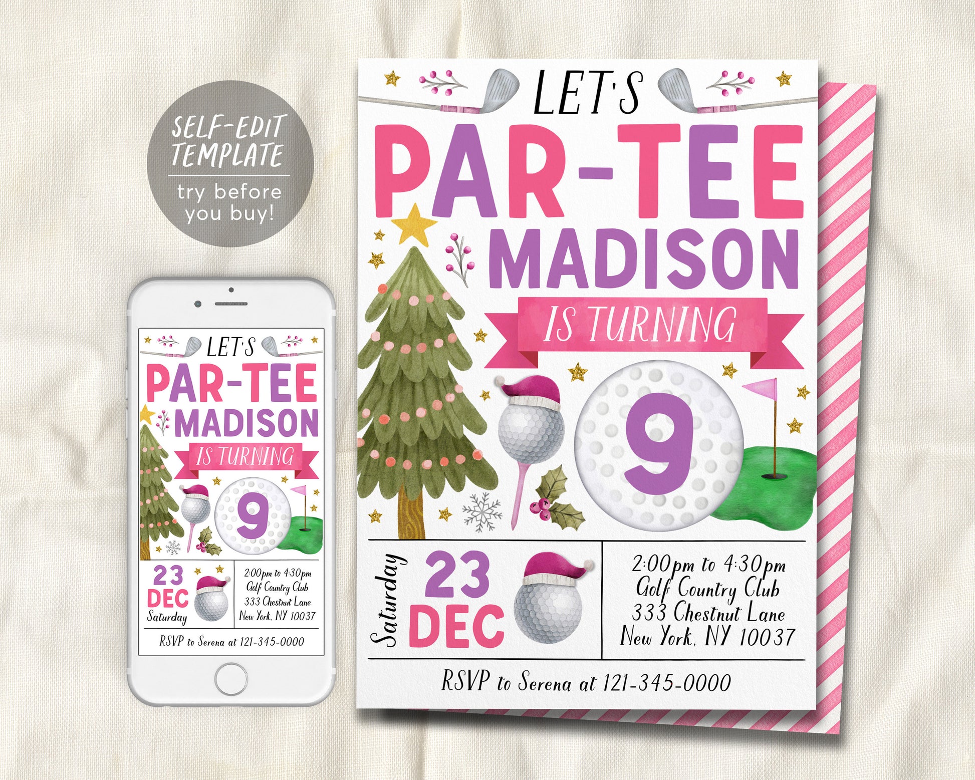 Christmas Golf Birthday Invitation Editable Template, Holiday Girl Kid – Puff Paper Co christmas-golf-birthday-invitation-editable-template-holiday-girl-kid-puff-paper-co