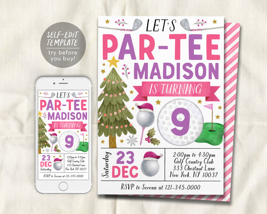 Christmas Golf Birthday Invitation Editable Template