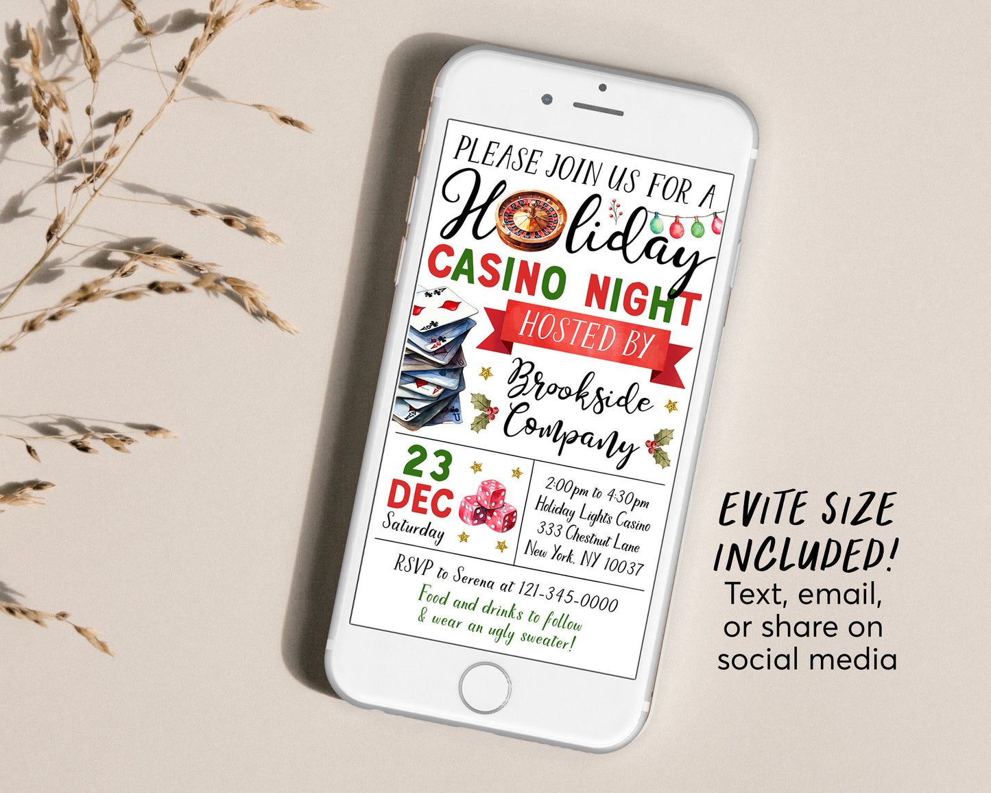 Christmas Casino Party Invitation Editable Template, Holiday Poker Night Invite, Xmas Cocktail Games Evite, Work Party Office Company Staff