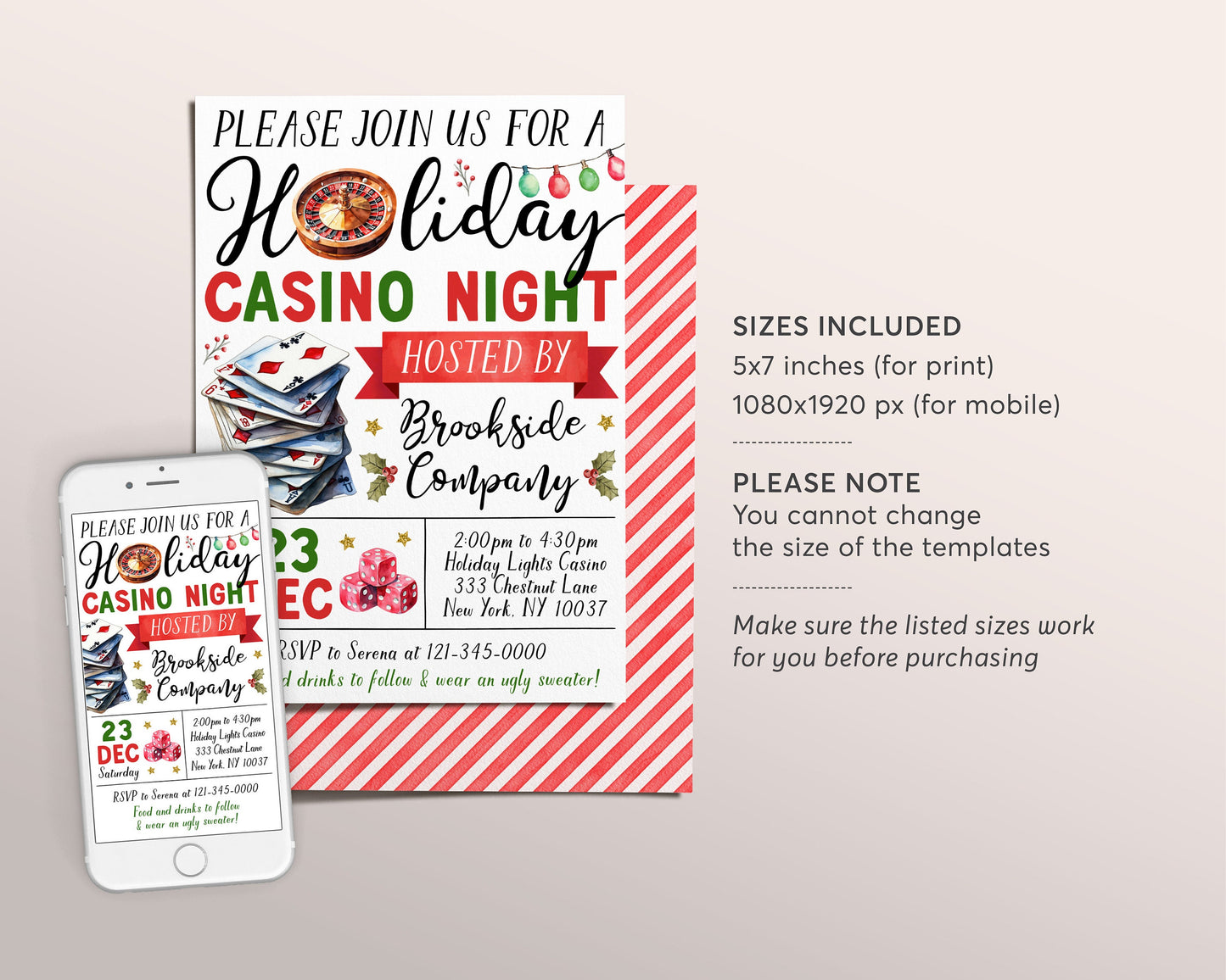 Christmas Casino Party Invitation Editable Template, Holiday Poker Night Invite, Xmas Cocktail Games Evite, Work Party Office Company Staff