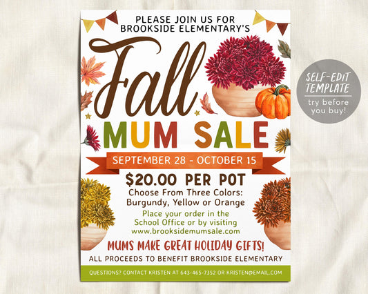 Fall Mum Sale Fundraiser Flyer Editable Template