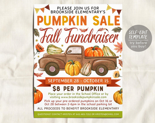 Pumpkin Sale Fall Fundraiser Flyer Editable Template